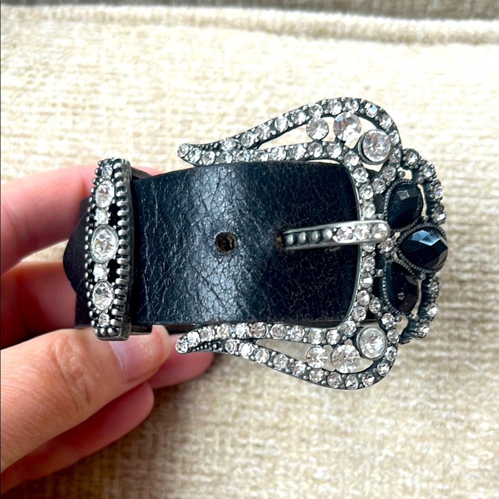 Boutique Black Leather Belt Bracelet with Rhinestone Buckle